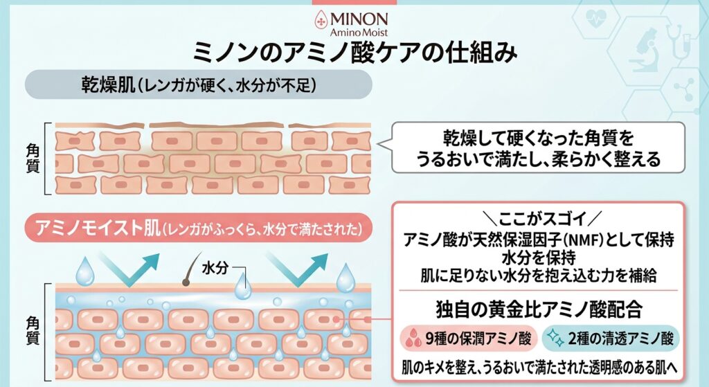 ミノンのアミノ酸成分が角層をうるおいで満たしキメを整える仕組み図解