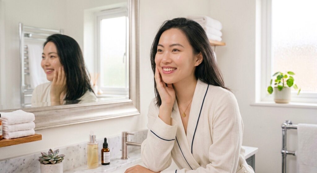 自分にあったスキンケアで喜ぶ女性
